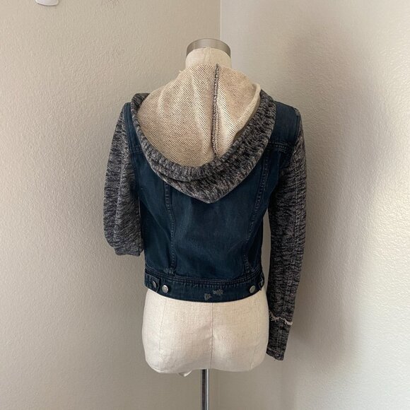 Free People Knit Denim Blend Jacket Buttons Closure Distressed Raw Edges Removab - Picture 2 of 4